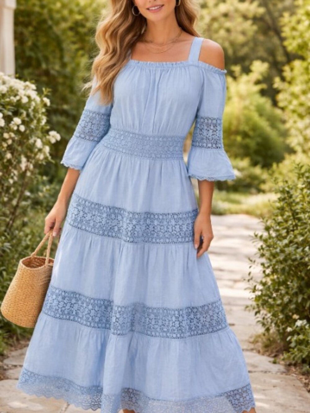 Soft Surroundings Blue Lace Tiered Maxi Dress Petite S Boho Cottagecore Linen